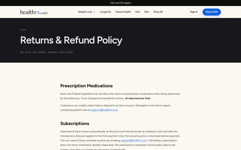 HealthRX refund policy page screenshot