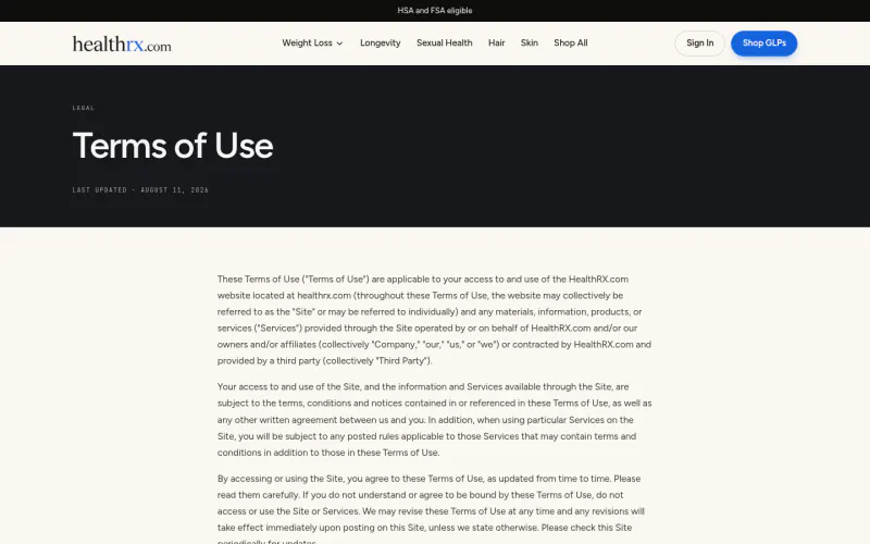 HealthRX terms page screenshot