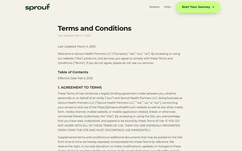 Sprout Health terms page screenshot