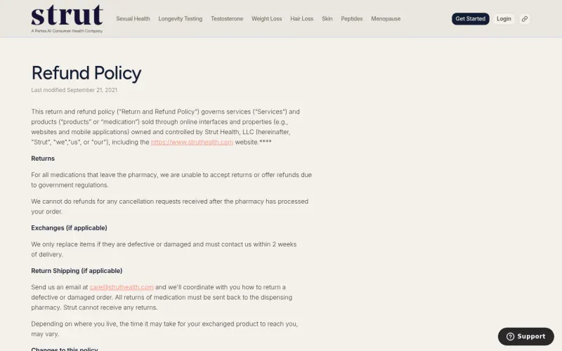 Strut Health refund policy page screenshot