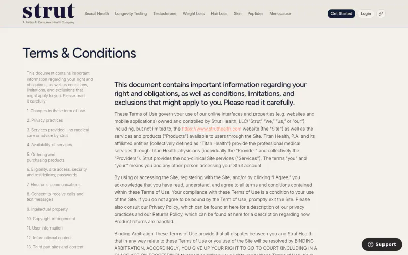 Strut Health terms page screenshot