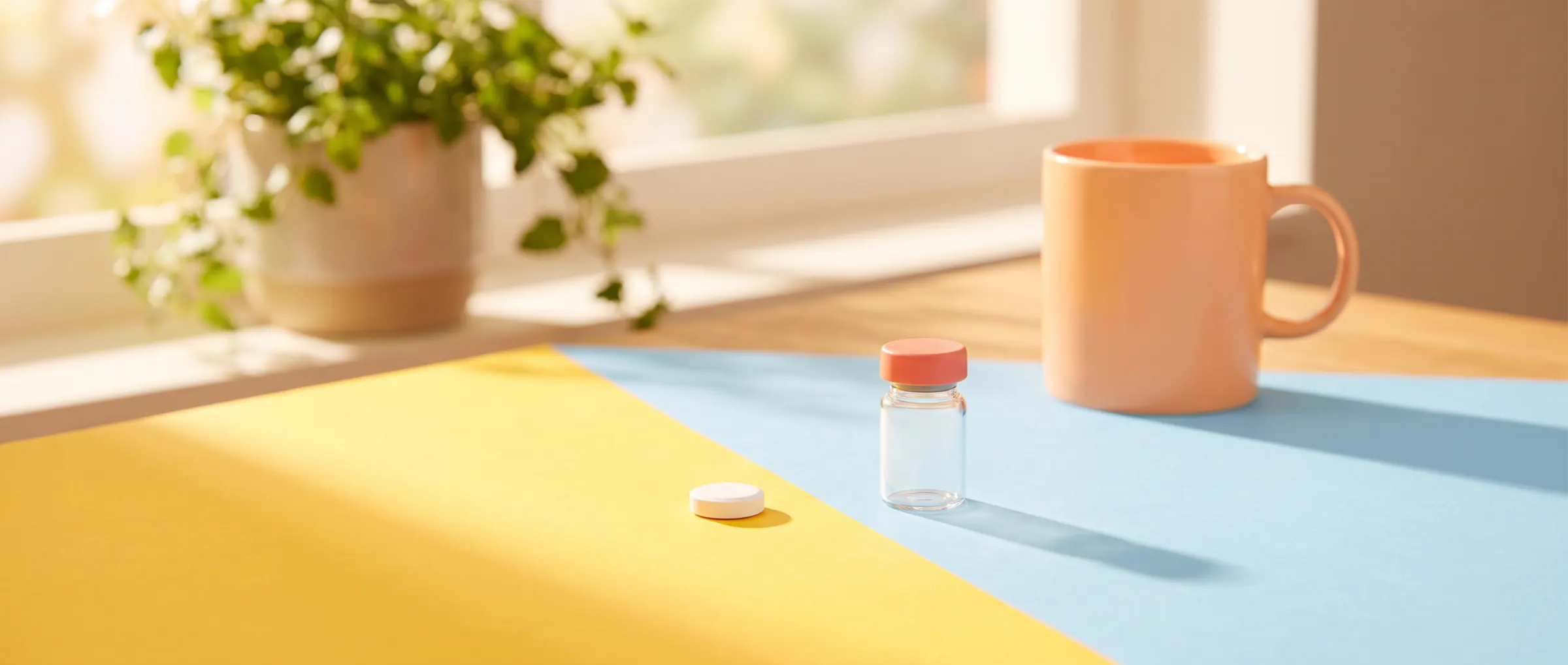 A small white tablet beside a plain glass vial on a sunny two-color table