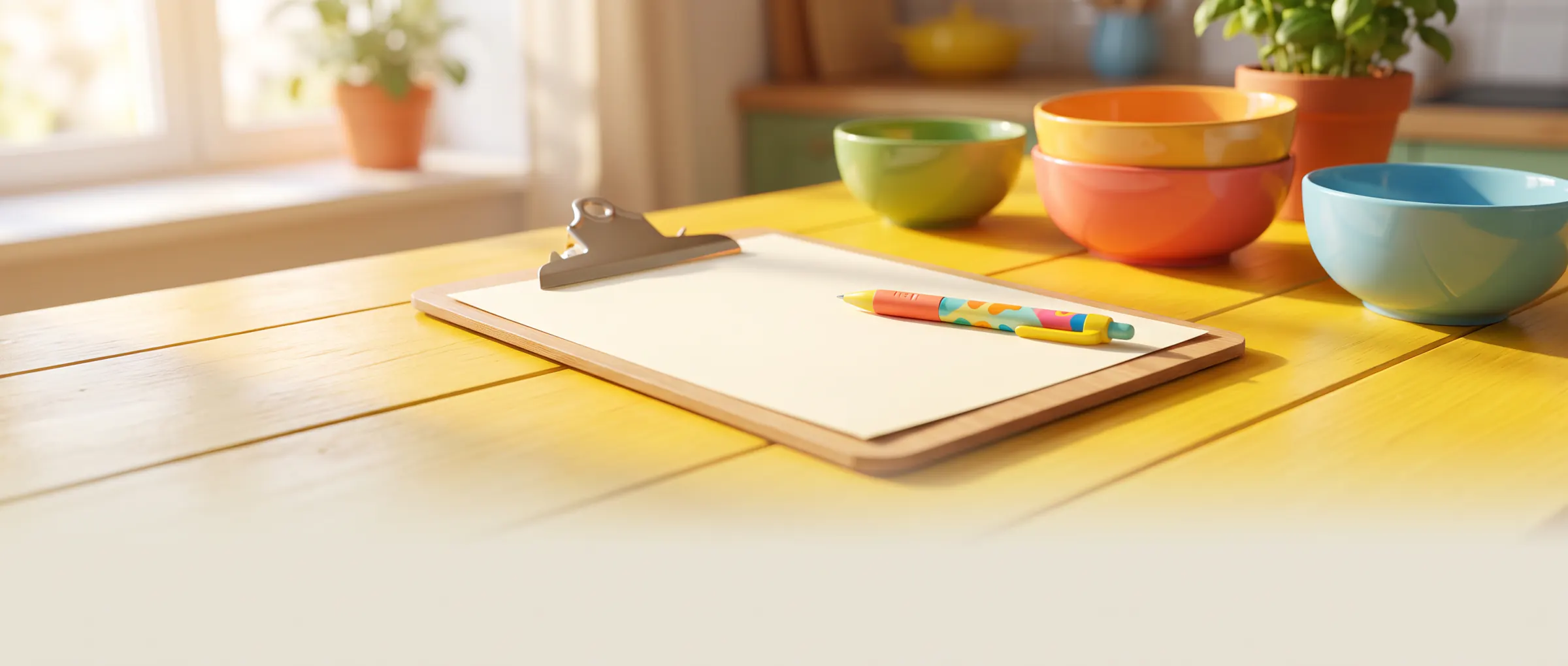 A clipboard with a blank sheet and a pen on a sunny yellow table