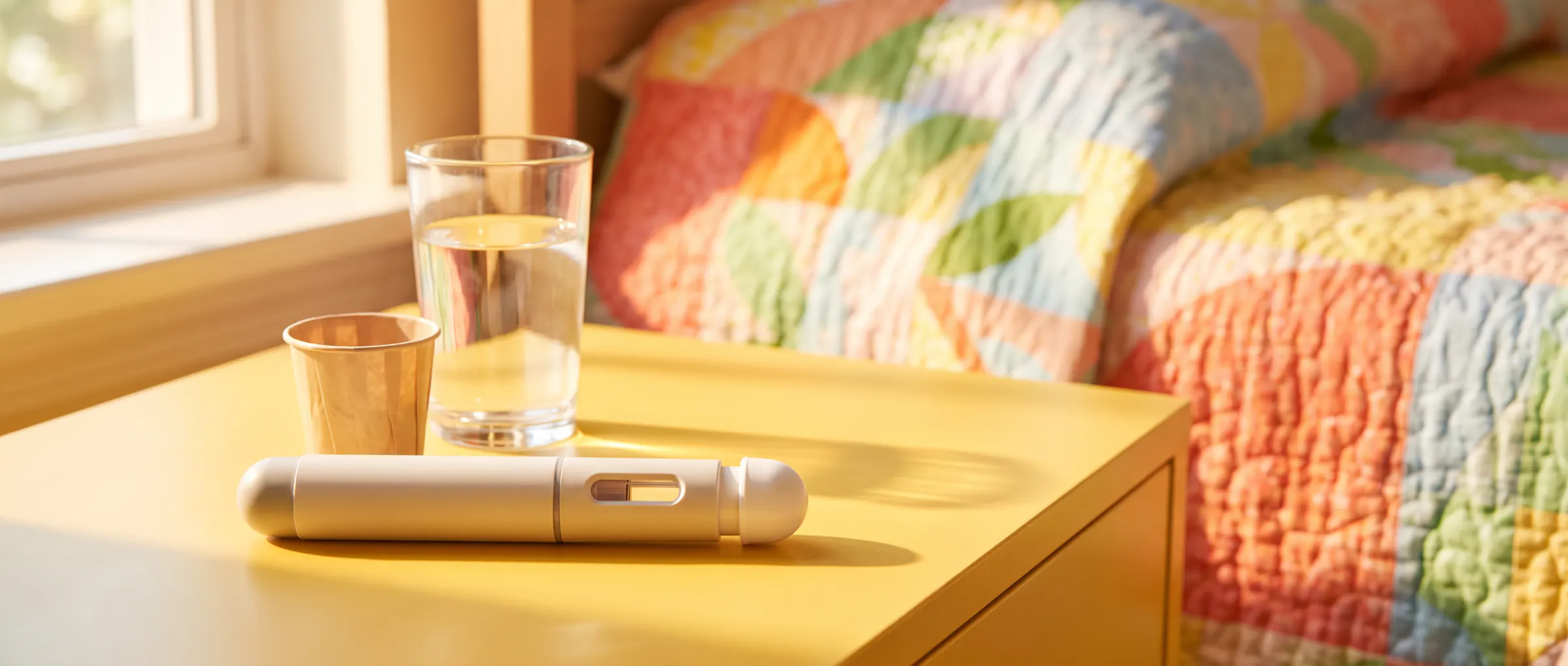 A plain injection pen, a glass of water and a paper cup on a bright bedside table